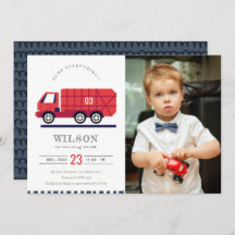 Red Cute Garbage Truck Kinder Foto Birthday Invite