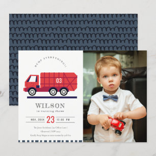 Red Cute Garbage Truck Kinder Foto Birthday Invite Bedankkaart