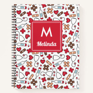 Red Cute Medical Pattern Neurse Monogramed Notitieboek