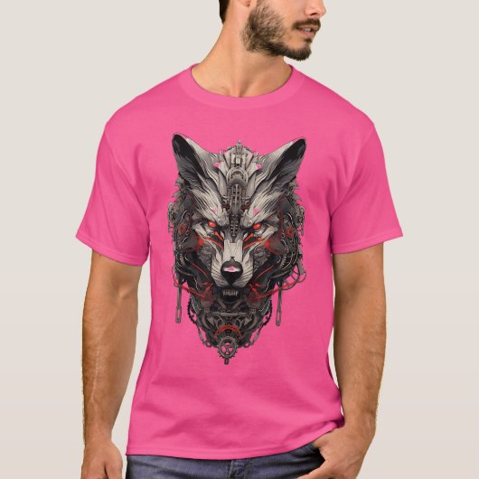 Red Cyborg Wolf Mecha Cyberpunk T-shirt (Voorkant)