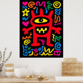 Red Cyclops Alien – Funky Neon Pop Kunstmonster Poster (Keuken)