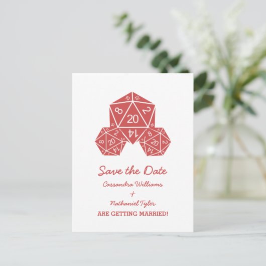 Red D20-desktop Save the Date Briefkaart (Staand voorkant)