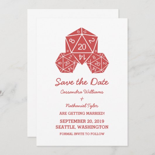 Red D20-desktop Save the Date Invite Kaart (Voorkant / Achterkant)