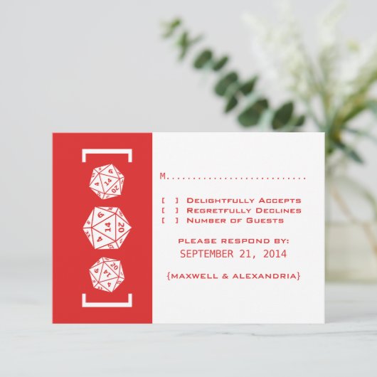 Red D20 Dice Gamer Wedding Response Kaart (Staand voorkant)