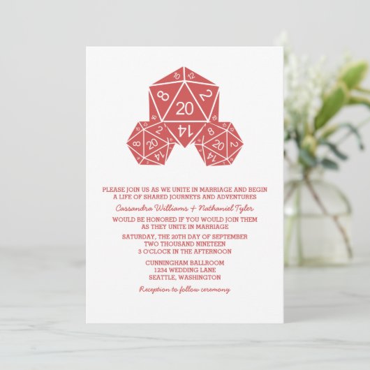 Red D20 Dice Wedding Invite Kaart (Staand voorkant)