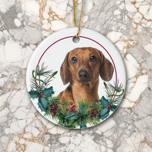 Red Dachshund Dog Evergreen Wreath Keramisch Ornament