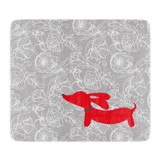 Red Dachshund Floral Cutting Board Snijplank (Voorkant)