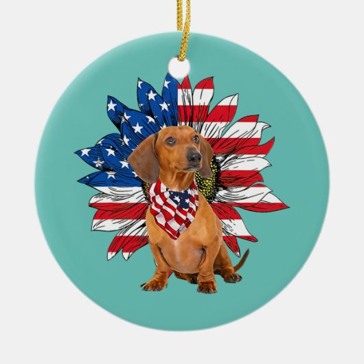 Red Dachshund Sunflower American Flag Keramisch Ornament (Voorkant)