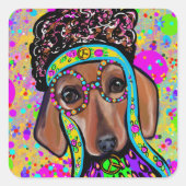 RED DACHSHUND VIERKANTE STICKER (Voorkant)