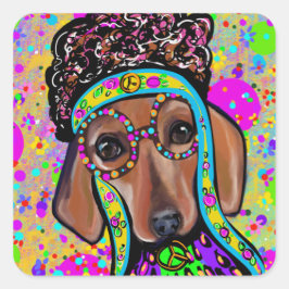 RED DACHSHUND VIERKANTE STICKER