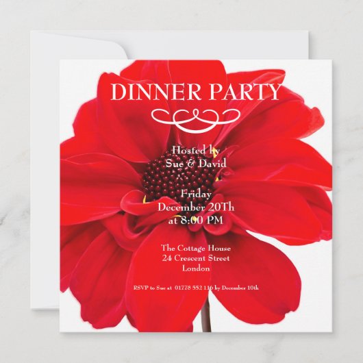 Red Dahlia Floral Party Invitation Kaart (Voorkant)