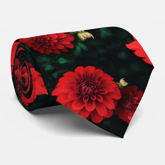 Red Dahlia Floral Stropdas (Opgerold)