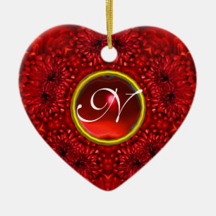 RED DAHLIA RUBY MONOGRAM Heart Keramisch Ornament