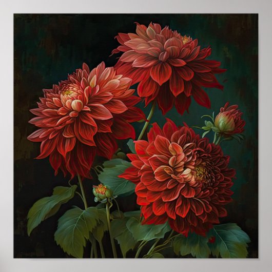 Red Dahlias Bloemenkunst Print Poster (Voorkant)