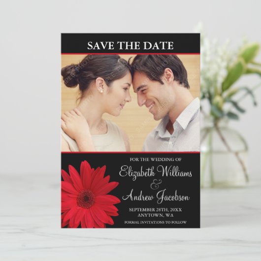 Red Daisy Black Foto slaat de datum op Save The Date (Staand voorkant)