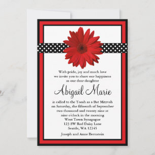 Red Daisy Black Polka Dots Bat Mitzvah Kaart