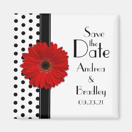 Red Daisy Black White Polka Dot Save the Date Magneet