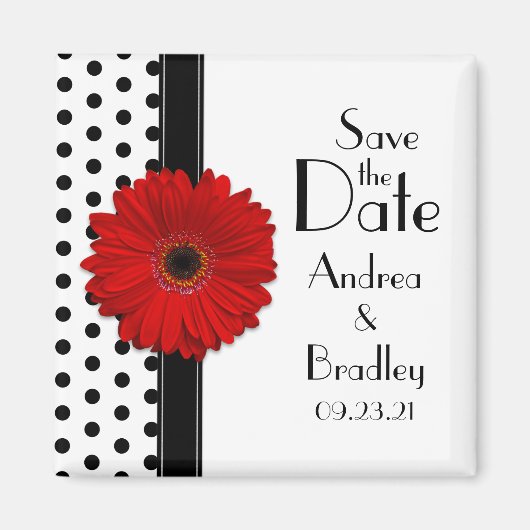 Red Daisy Black White Polka Dot Save the Date Magneet (Voorkant)