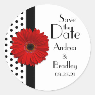 Red Daisy Black White Polka Dot Save the Date Ronde Sticker