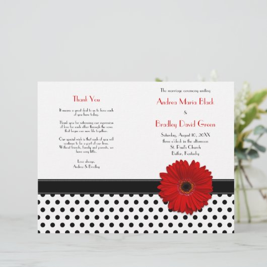 Red Daisy Black White Polka Dot Wedding Program (Staand voorkant)