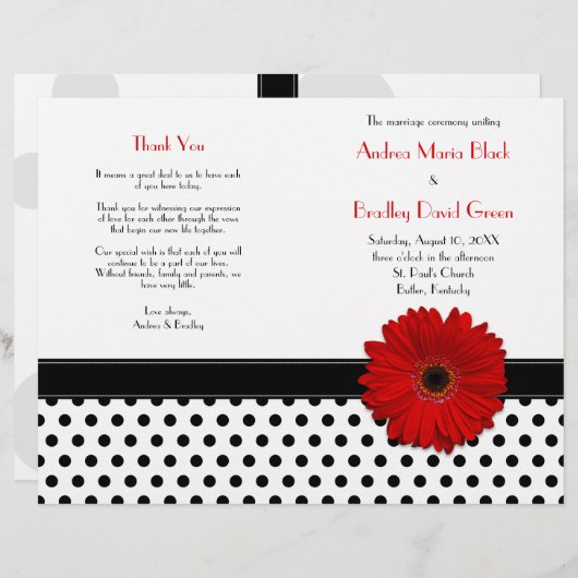 Red Daisy Black White Polka Dot Wedding Program (Voorkant / Achterkant)