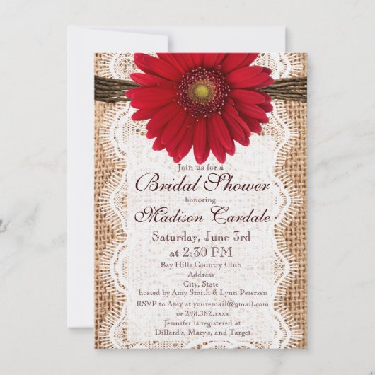 Red Daisy Burlap Bridal Shower Invitations Kaart (Voorkant)