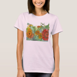 Red Daisy Dragonfly Waterverf Flowers T-shirt