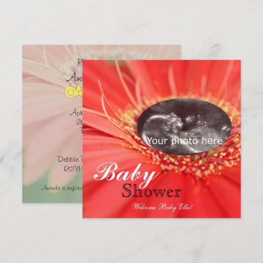Red Daisy Flower Child Sonogram Baby shower Uitnod Kaart (Voorkant / Achterkant)