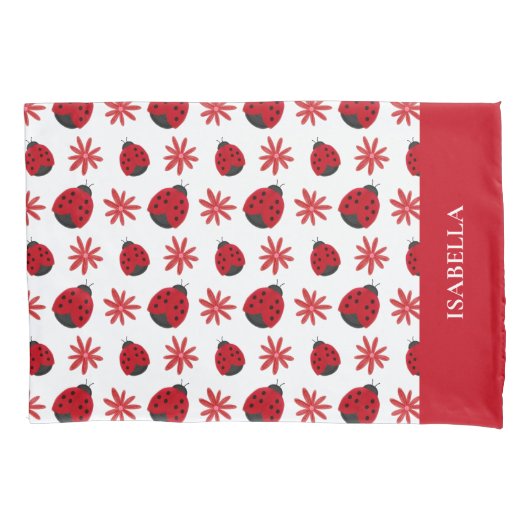 Red Daisy Ladybug Pattern - Gepersonaliseerd Kussensloop (Voorkant)