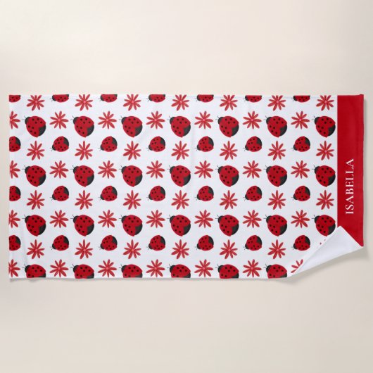 Red Daisy Ladybug Pattern - Gepersonaliseerd Strandlaken (Voorkant)