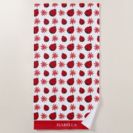 Red Daisy Ladybug Pattern - Gepersonaliseerd Strandlaken (Voorkant)