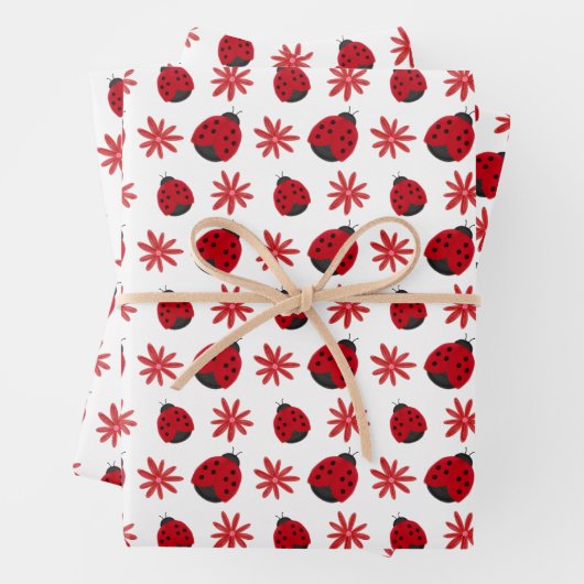 Red Daisy Ladybug Pattern Inpakpapier Vel (In situ)