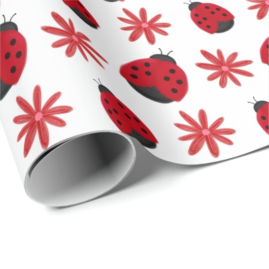 Red Daisy Ladybug Pattern Wrapping Cadeaupapier (Rol Hoek)