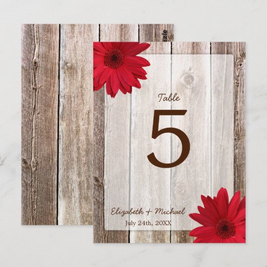 Red Daisy Rustic Barn Wood Trouwtafel Nummer Briefkaart (Voorkant / Achterkant)