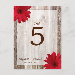 Red Daisy Rustic Barn Wood Trouwtafel Nummer Briefkaart