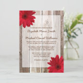 Red Daisy Rustic Barn Wood Wedding Kaart (Staand voorkant)