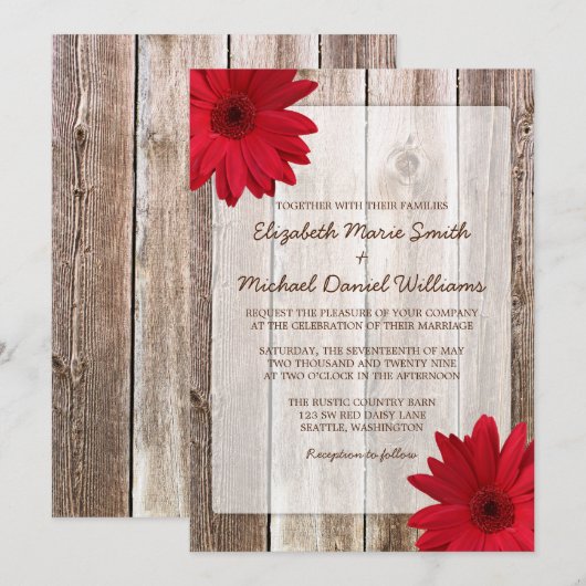 Red Daisy Rustic Barn Wood Wedding Kaart (Voorkant / Achterkant)