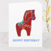 Red Dala Horse Birthday Kaart (Gele Bloem)