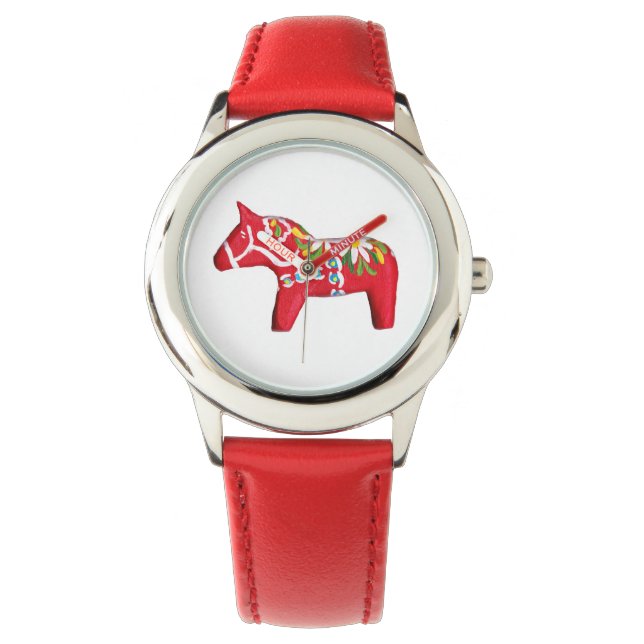 Red Dala Horse met Daisies Horloge (Voorkant)
