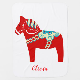 Red Dala Horse Personalized Baby Blanket Inbakerdoek