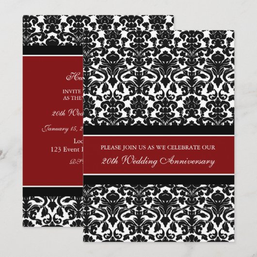 Red Damask 20th Jubileum Party Invitation Kaart (Voorkant / Achterkant)