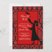 Red Damask Afstuderen Invitation Silhouette Afstud Kaart (Voorkant)