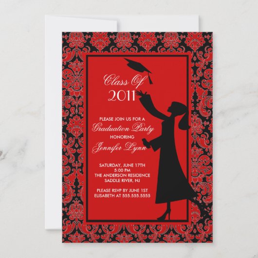 Red Damask Afstuderen Invitation Silhouette Afstud Kaart (Voorkant)