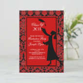 Red Damask Afstuderen Invitation Silhouette Afstud Kaart (Staand voorkant)