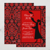 Red Damask Afstuderen Invitation Silhouette Afstud Kaart (Voorkant / Achterkant)