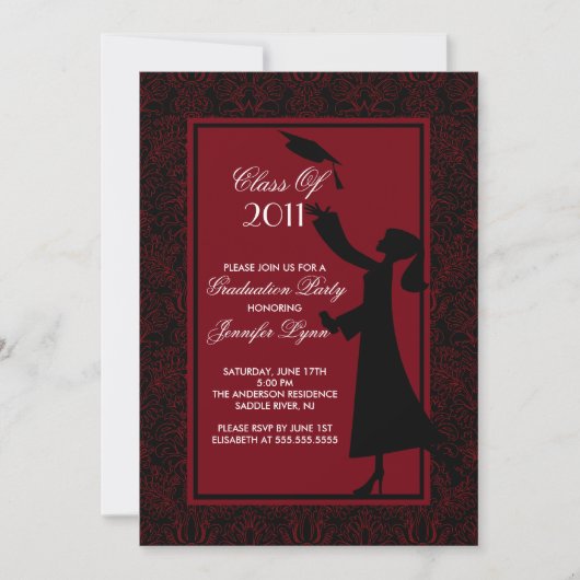 Red Damask Afstuderen Invitation Silhouette Afstud Kaart (Voorkant)