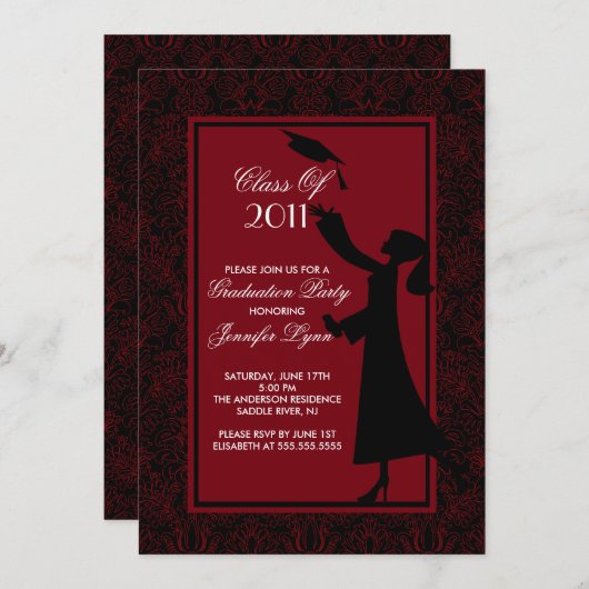 Red Damask Afstuderen Invitation Silhouette Afstud Kaart (Voorkant / Achterkant)