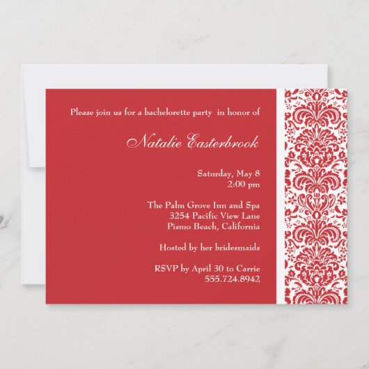 Red Damask Bachelorette Party Invitation Kaart (Voorkant)