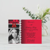 Red Damask Black Jewel Bow Birthday Foto Kaart (Staand voorkant)