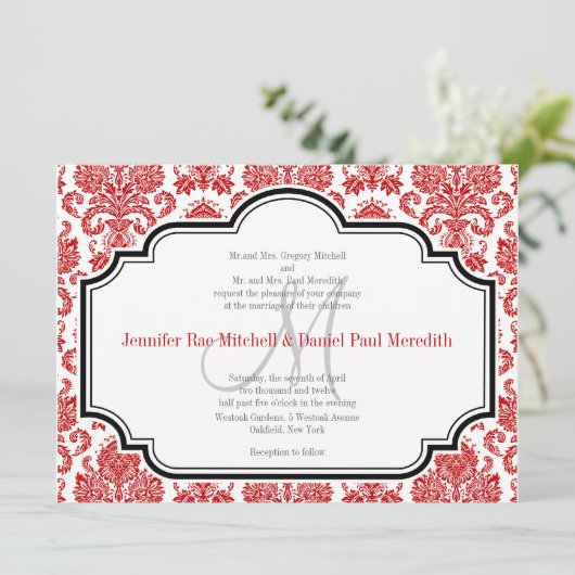 Red Damask  Black White Wedding Invitations Kaart (Staand voorkant)